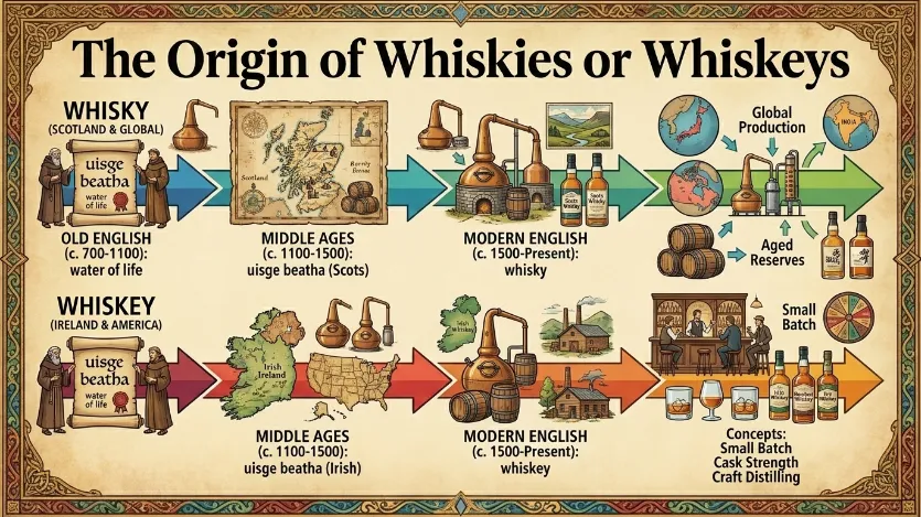 The Origin of Whiskies or Whiskeys